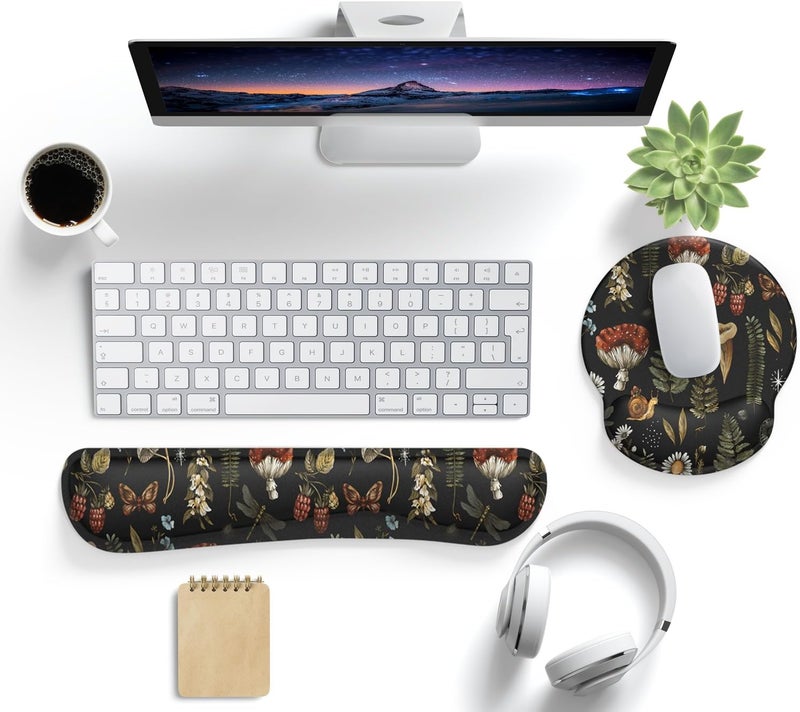 Mechanical Cattle Plant Mushroom Mouse Pad Black Aesthetic Ergonomic Desk Pad Wrist Support Keyboard Wrist Rest Set, Mouse Pad with Non-Slip Pu for Office Comfortable Mouse Wrist Rest for Easy Typing & Pain Relief. - Image 2